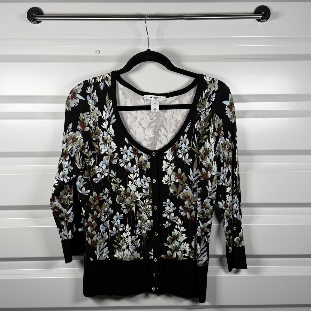 White House Black Market Floral Snap Front V-Neck Cardigan Black Blue Womens M